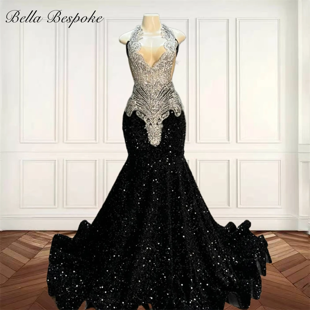 

Sparkly Black Halter Sequin Long Prom Dresses Black Girls Bead Crystal 2025 Birthday Luxury Dress Mermaid Formal Gown Customized