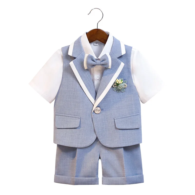 Gentleman Kids Summer Breathable Party Dress Boys Soft Vest Shirt Shorts Bowtie Photography Suit Children Performance Costume