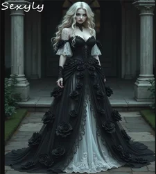 Elvish Black And White Gothic Wedding Dress Victorian Vampire Elf Country Bridal Dress With Rose Floral Fantasy Bride Customized