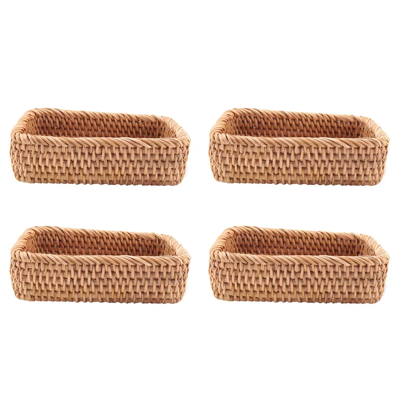 ABVJ-4X Cestino di vimini rettangolare intrecciato a mano in rattan, tè alla frutta, snack, pane, picnic, scatola di immagazzinaggio cosmetici S