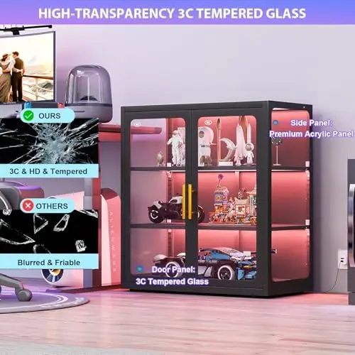 Display Cabinet with Glass Doors and RGB Lights for Collectibles | 34" Curio Cabinet with 2 Adjustable Shelves view 3