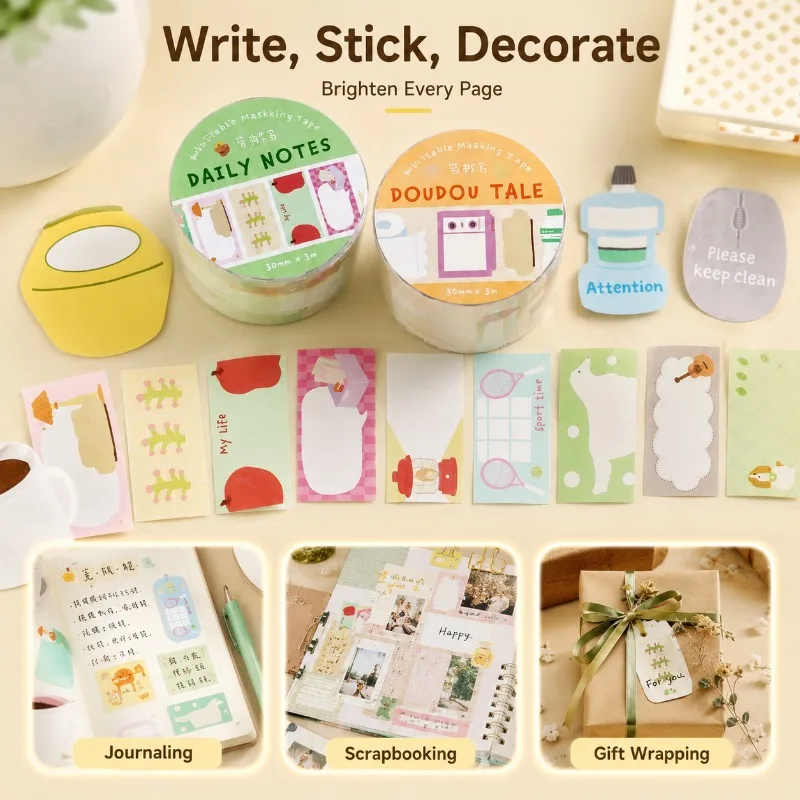 

Writeable Die Cut Decor Tape Daily Pocket Journal Series Fresh Literary Style Self-adhesive Sticker Strip for Notebook Scrapbook