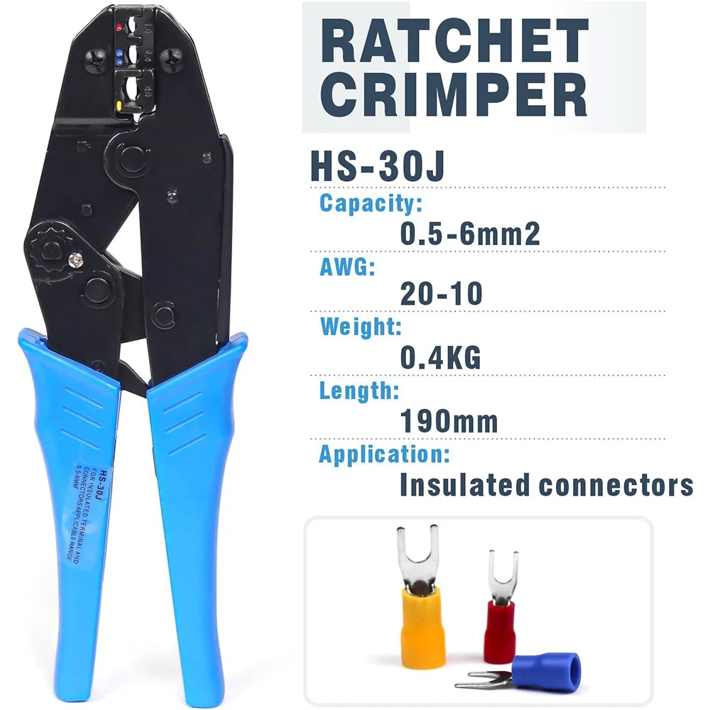 HS-30J Professional Insulated Wire Terminals Connectors Ratcheting Crimper, Wire Crimp Tool, Crimping Pliers 20-10AWG(0.5-6mm²)