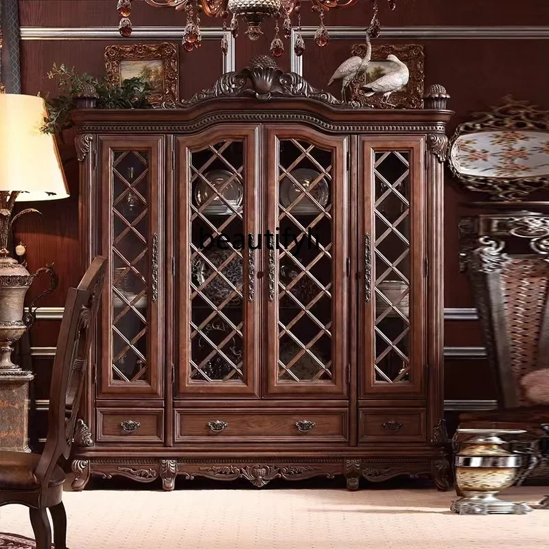 C85 European-Style Solid Wood Display Bookcase Home Bookcase Villa Carved Wall Storage Wine Cabinet