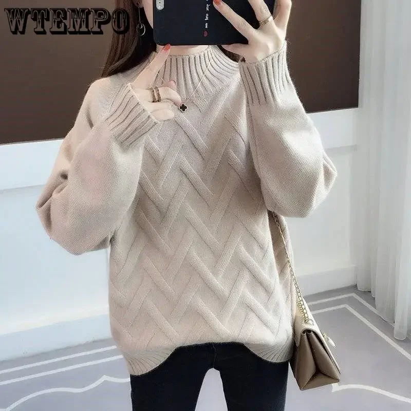 WTEMPO Women Long Sleeve Knitted Sweater Winter Fall Pullover Jumper Casual Loose High Half Neck Soft Comfortable Knitting Tops