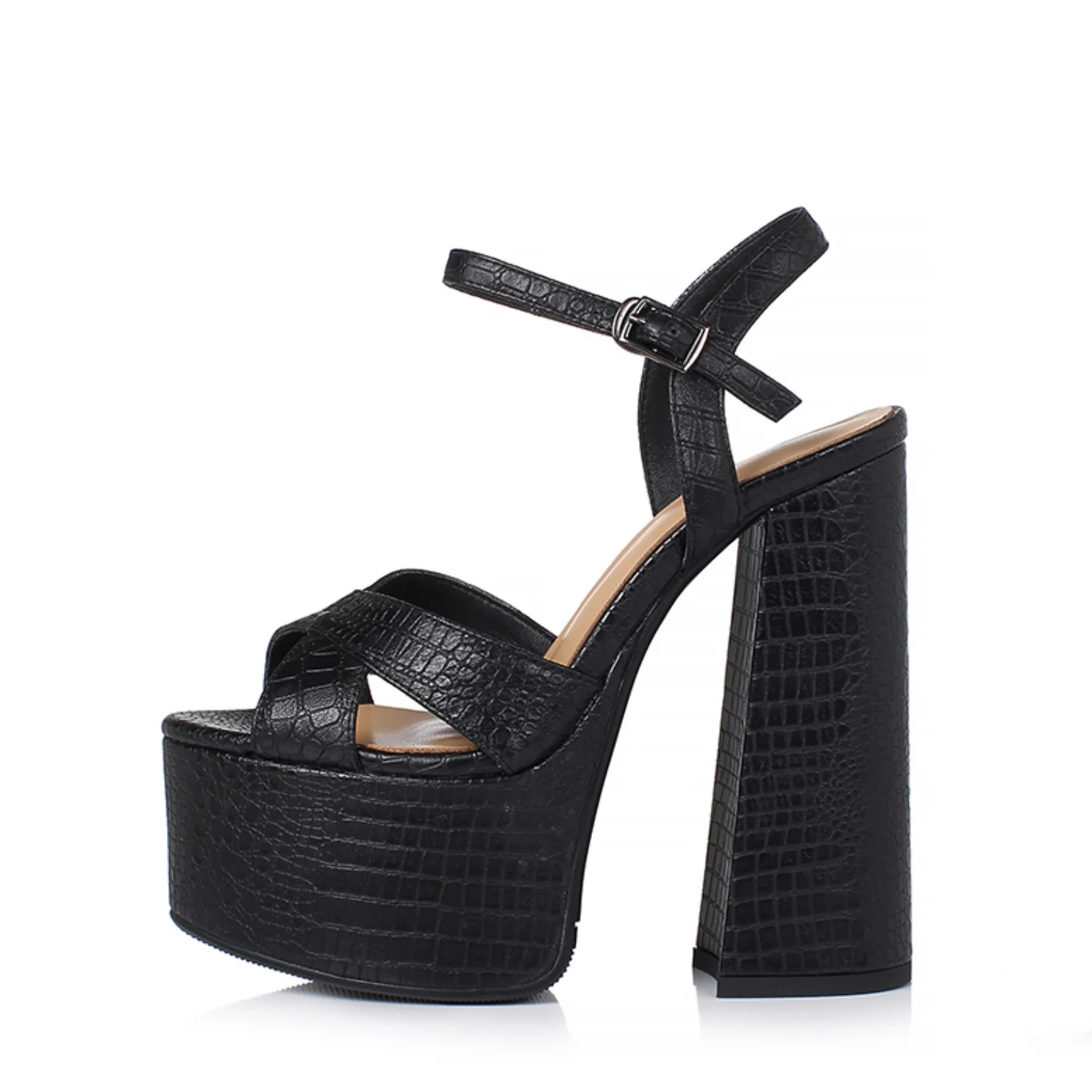 

Arden Furtado 2025 Summer Embossed leather Round toe Platform Super high heel Open toe chunky heels sandals Extra large size