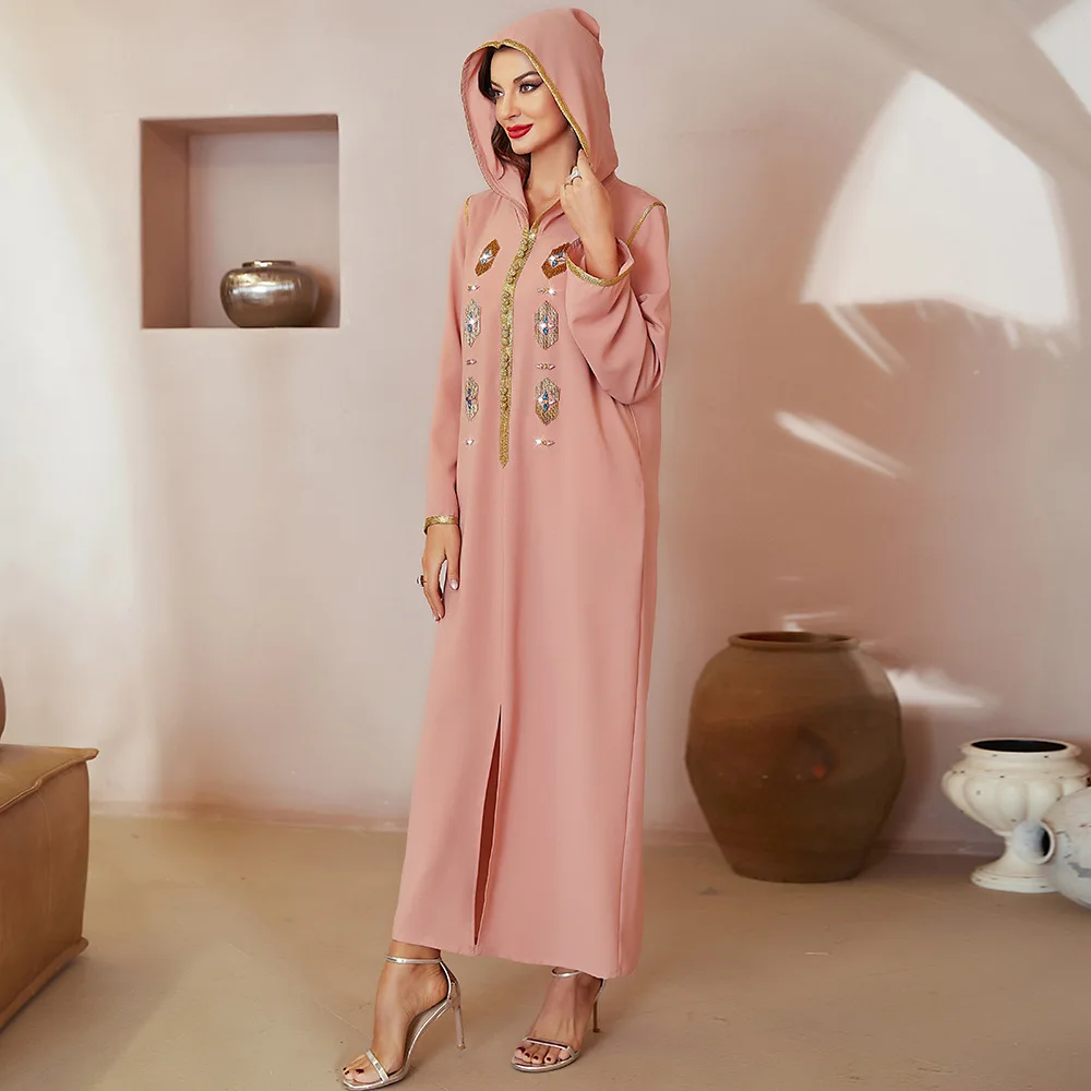 2023 Summer Pink Handmade Diamond Gold Tube Muslim Women's Clothing with Hat Dress Rhinestone Inlay V-Neck Muslim Sets