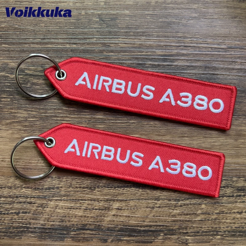 1PC 2PCS 3PCS Set Sale Both Sides Embroidery White Letters AIRBUS A380 Red Tag Motorcycle Aviation Keychain Bag Accesorios