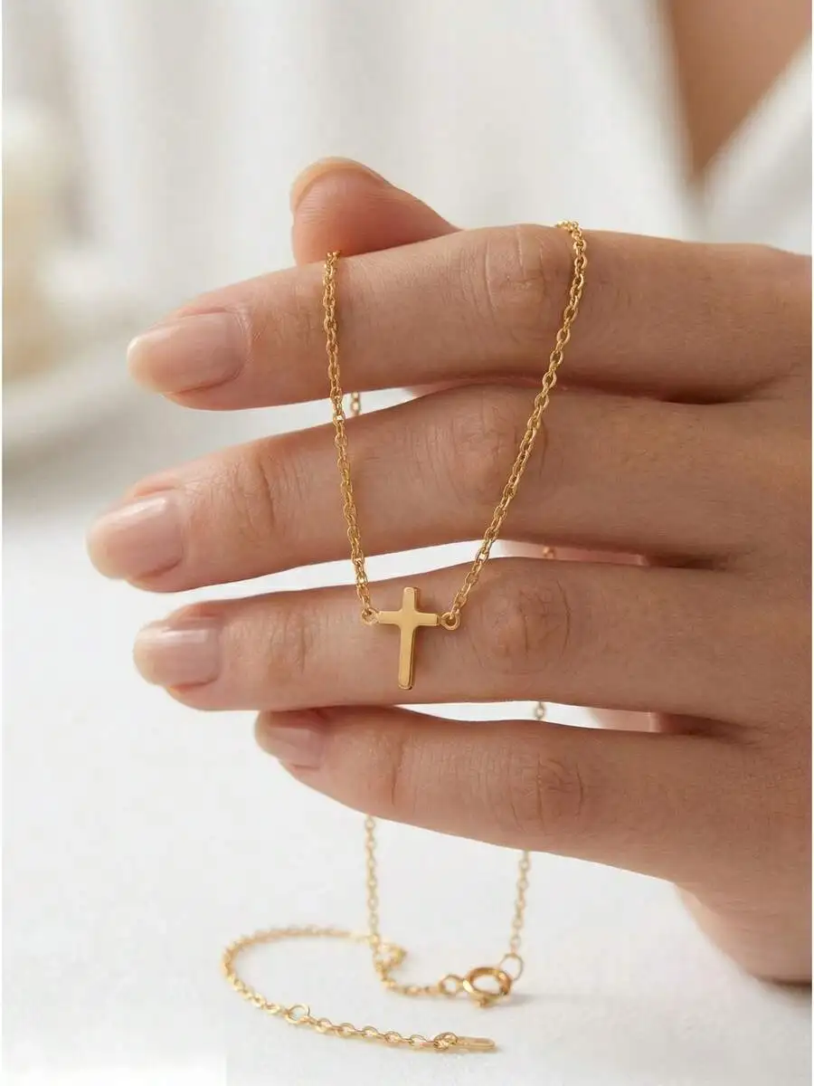 

Stainless Steel Gold Plated Small Cross Pendant Chain Necklace For Women Daily Wear