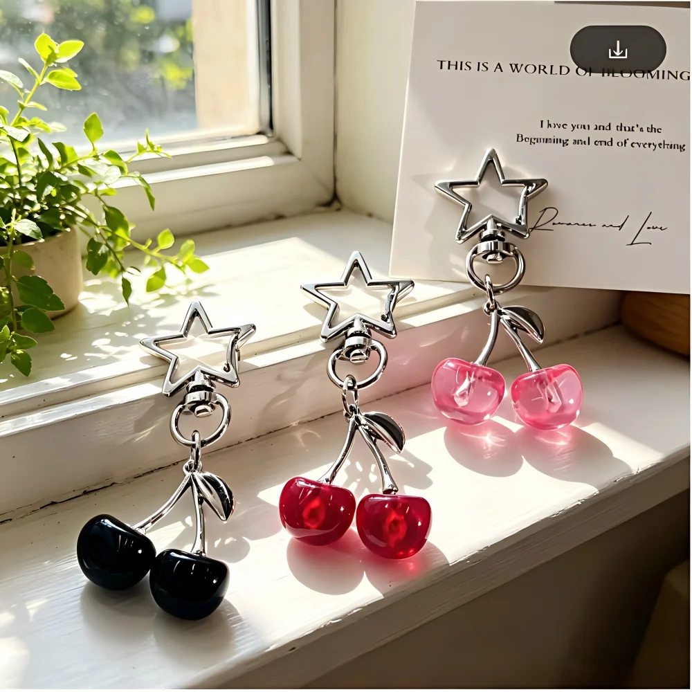 

Fruit Y2K Cherry Keychain Pendant Cute Charm Silver Star Keyring Bag Hanging Decoration Car Key Women Girls Gift Sweet Creative