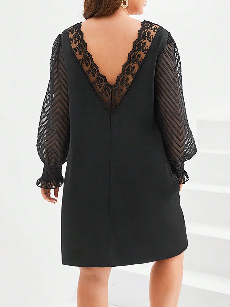 GIBSIE Plus Size V-neck Contrast Lace Backless Loose Dress Women Spring Fall Black Long Sleeve Elegant Mini Dresses Without Belt