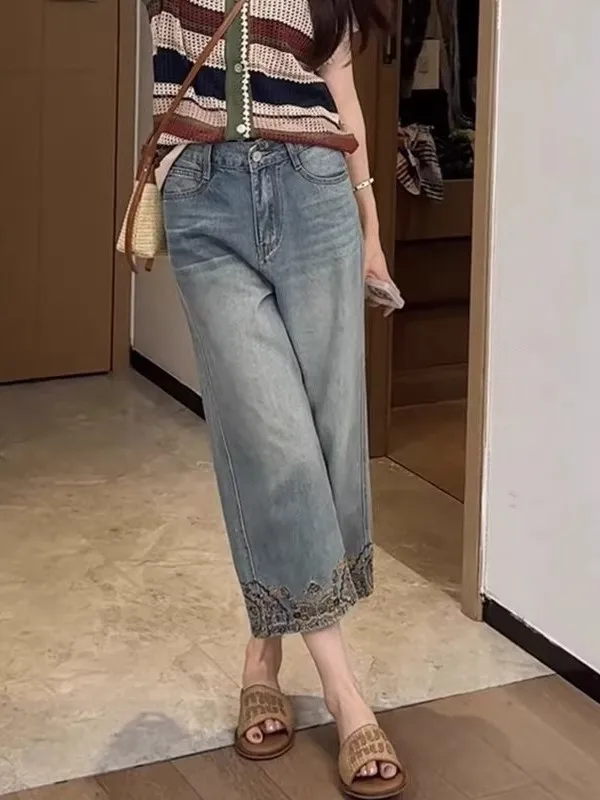 

New Chinese Style Embroidered Wide Leg Jeans Women's Thin Summer High Waist Knife Denim Pants Loose Fit Ladies Jeans