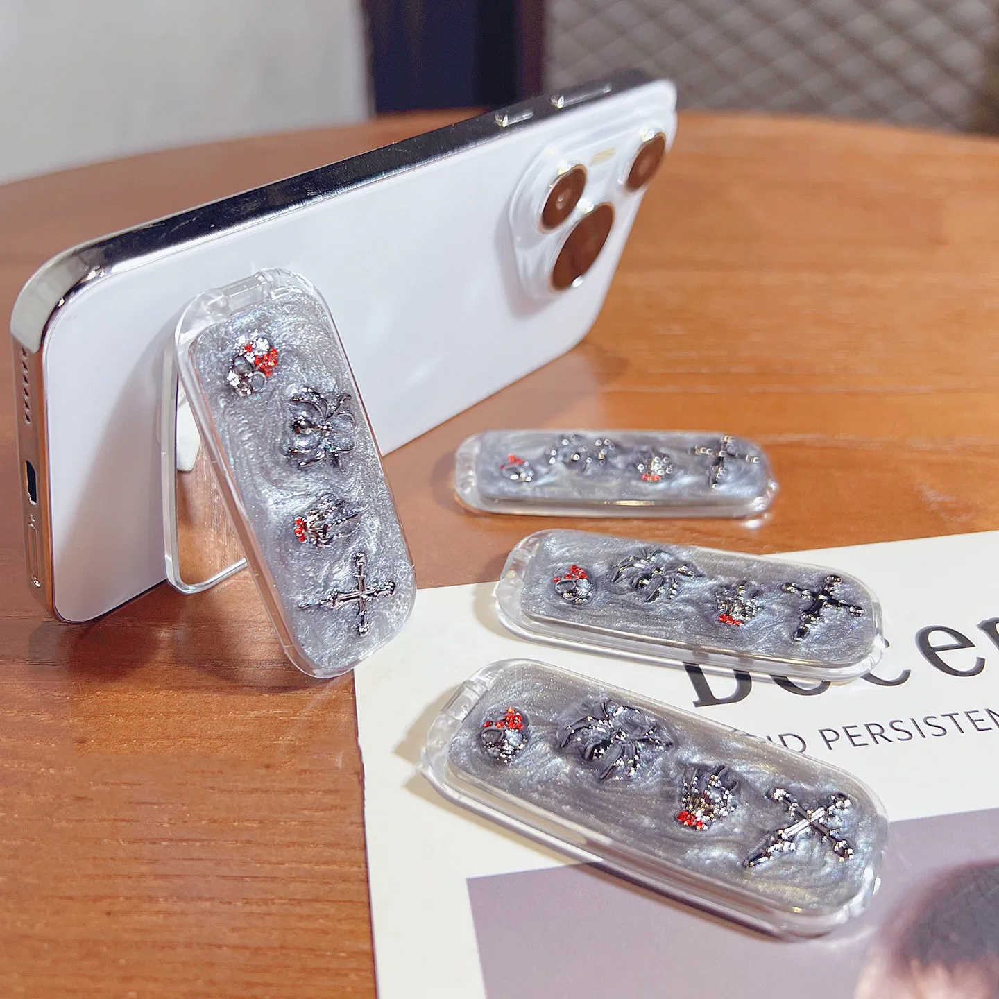 

Новый стиль, полимерный чехол для телефона, задняя наклейка, подставка, складное зеркало для макияжа, черный крест, голова скелета