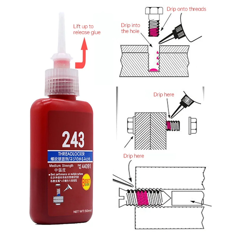 Screw Locking Adhesive 243 Threadlocker High Strength High Temperature Resistant Anti-Vibration Detachable for Metal Materials