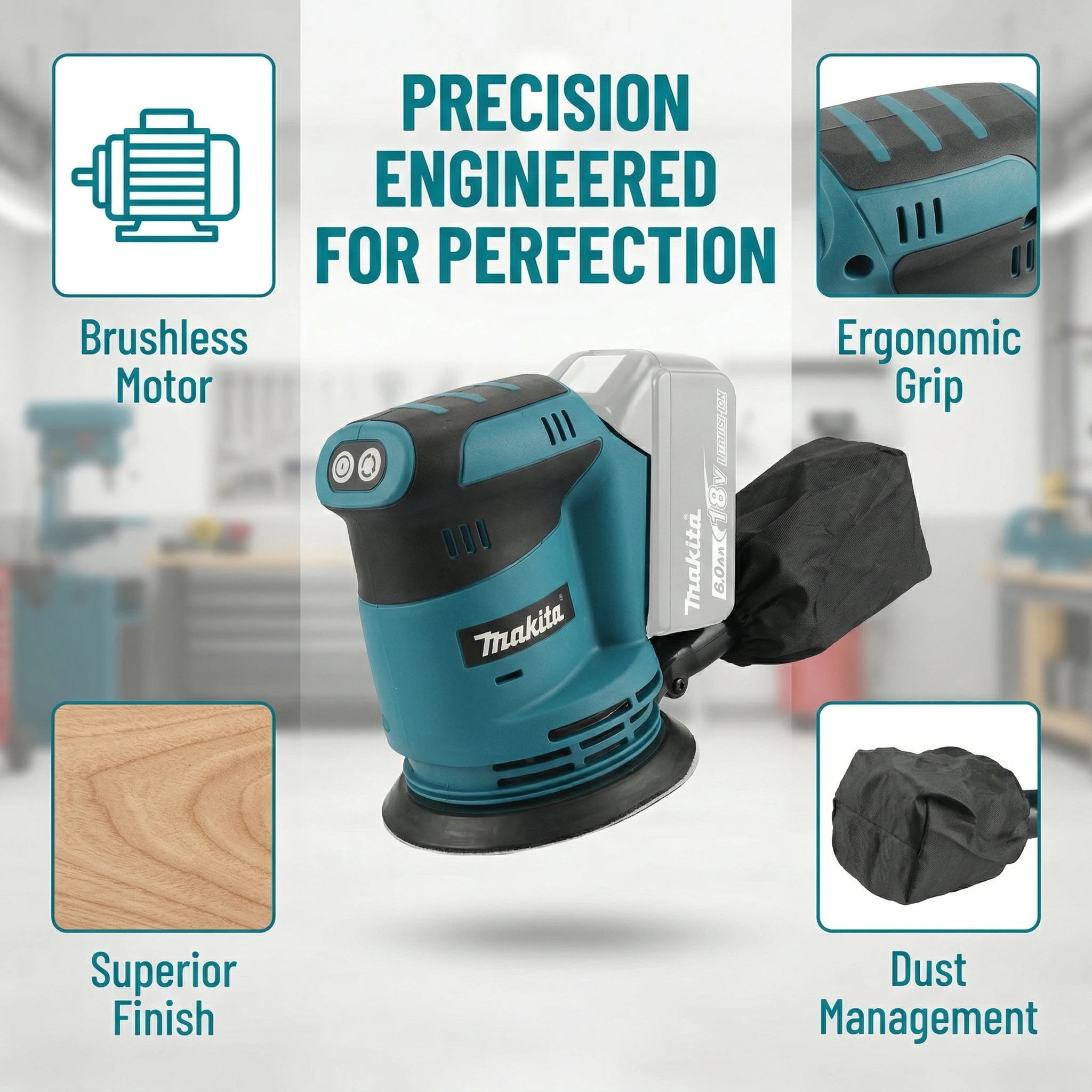 Makita DBO180Z 18V Random Orbital Sander Cordless Model Equipped Dust Bag For Carpentry Surface Polishing