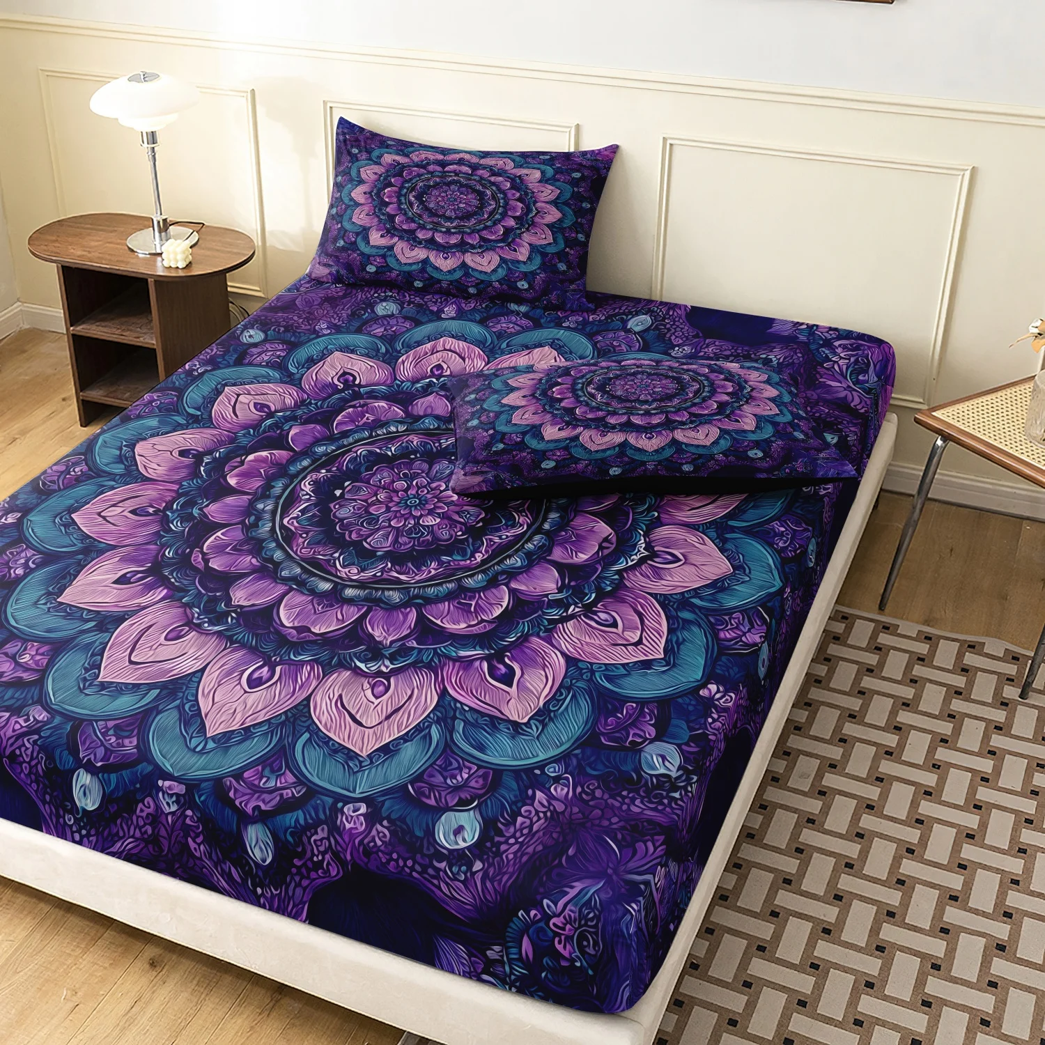 Purple Teal Mandala Flower Print 3 Pieces Fitted Sheet Set, Bohemian Psychedelic Floral Mandala Feather Print Bedding