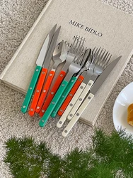 Korean INS Style Tableware Set Stainless Steel Knife, Fork, Spoon Western Tableware Set Simple Retro Color Dinner Cutlery Set