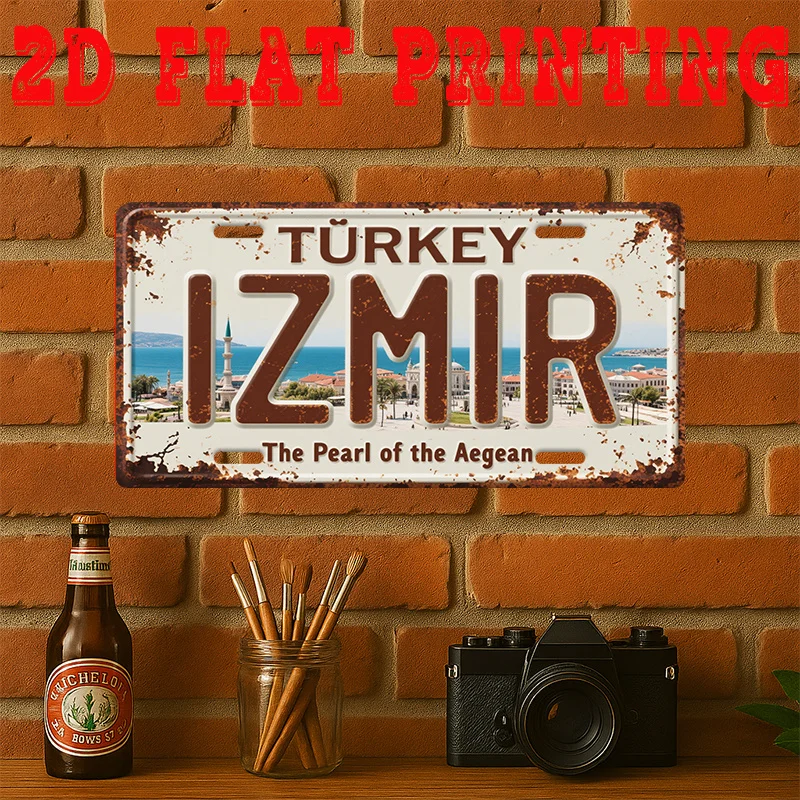 2D Flat, 1pc Izmir Turkey Map & Aegean Coast Monuments Retro Metal Sign - Large Wall Art Suitable for Home, Café, Bar - Cultural