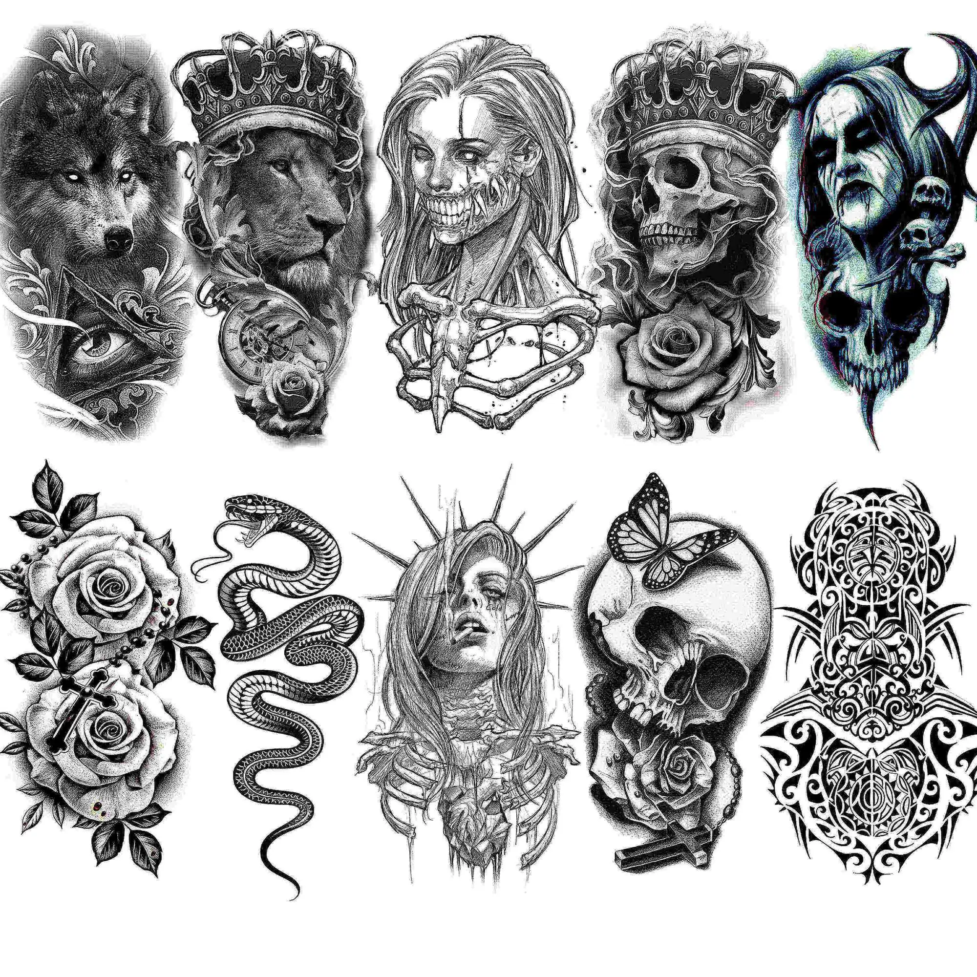 10 Sheets Black Skeleton Temporary Tattoos For Men Women 3D Realistic Tattoo Stickers Scary Skull Vampire Fake Tatoos Gangster