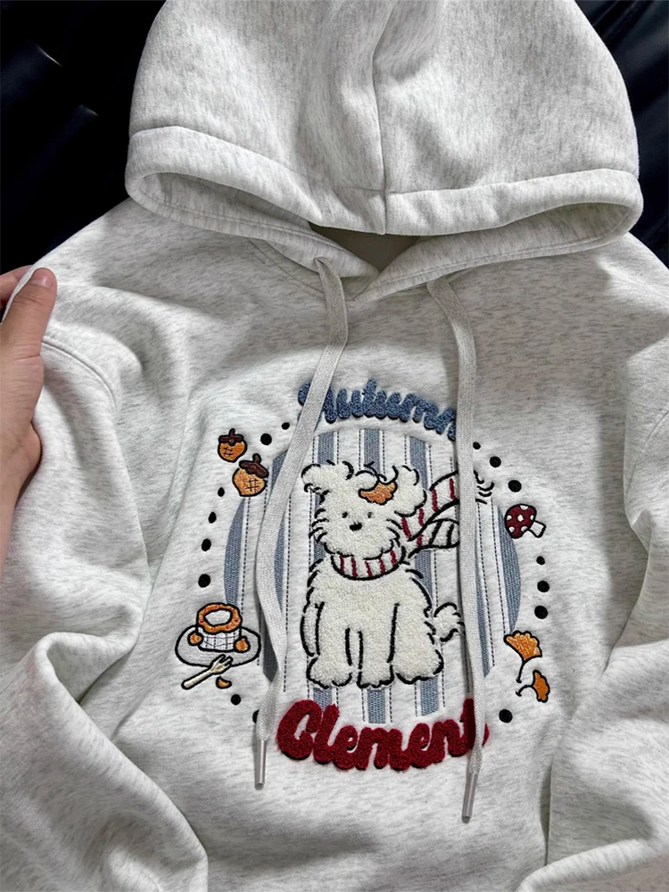 

Thiened толстовка с вышивкой, женская длинная толстовка све, зимняя теплая верхняя одежда, повседневная универсальная свободная посадка для колледжа