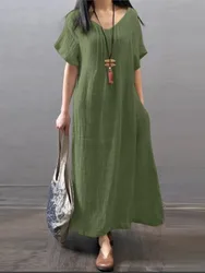 Spring Summer Women's New Cotton And Linen Loose Casual Sexy V-neck Solid Color Pocket A-line Dress Women's Clothing