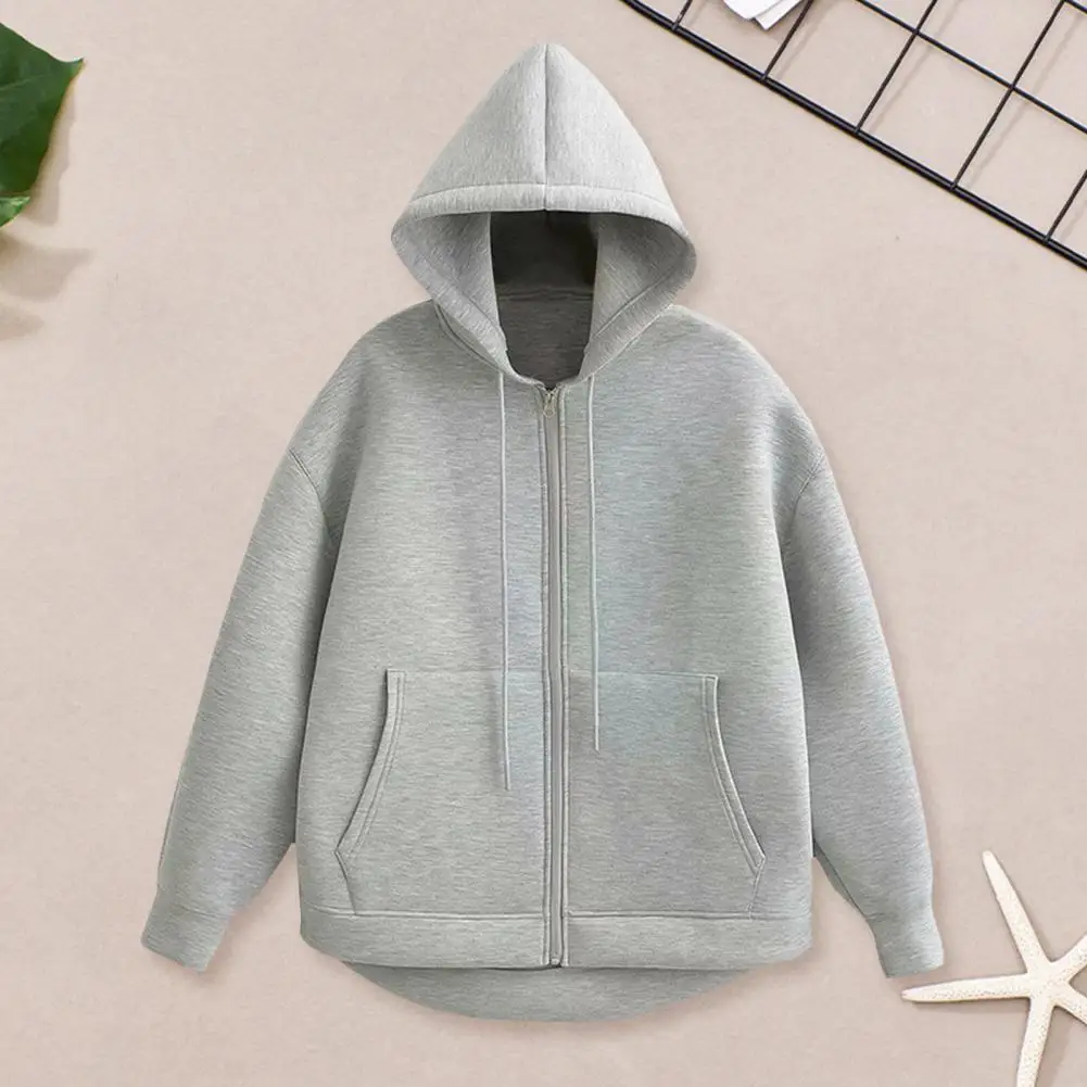 Zip-up Hoodie สีทึบ Hoodie เสื้อแจ็คเก็ตกีฬาคลุมด้วยผ้ามีสไตล์พร้อมกระเป๋าเชือกสําหรับผู้หญิงสวมเสื้อโค้ทพร้อมข้อมือยางยืด