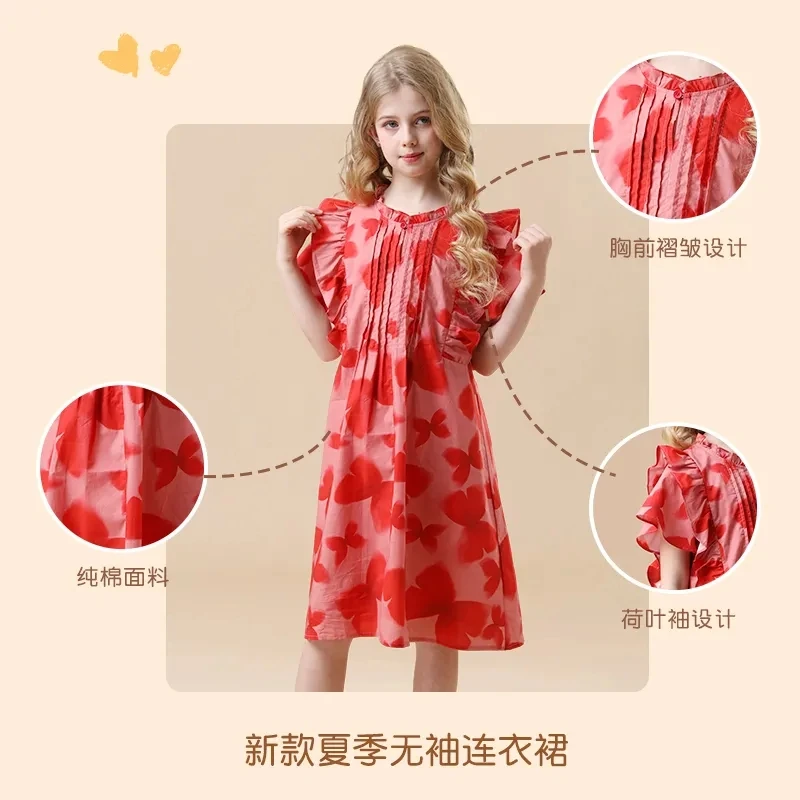 2024 Summer Kids Cotton Floral Dresses for Girls Cute Red Ruffles Princess Dress Children Outfits Clothing fits 4-12 Years