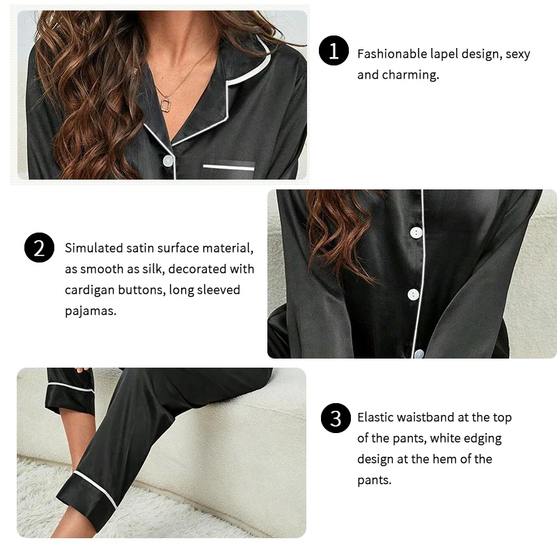 Plus Size Pajamas Women Fall and Winter Ice Silk Long Sleeve Two Piece Set Loungewear Nightwear Ladies Solid Color Sleepwear image 5