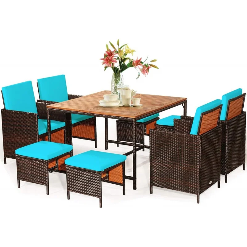 

9-Piece Outdoor Dining Set, Solid Acacia Wood Table with Hole & Space-Saving Wicker Chairs, Weather-Resistant Patio