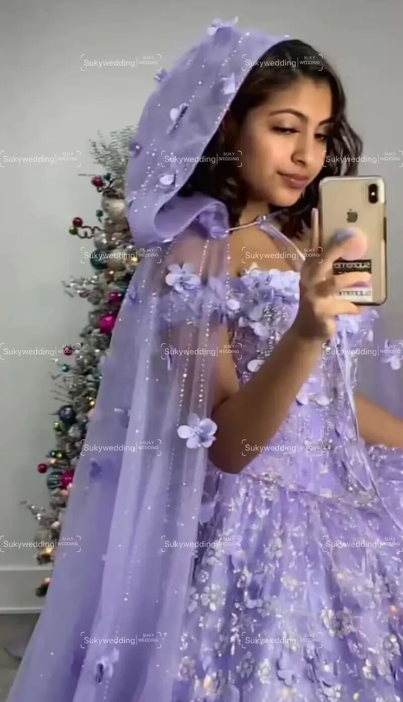 3D Flowers Princess Quinceanera Dresses With Detached Cape Off Shoulder Sequins Sweet 15 Birthday Ball Gowns Mexico Customized