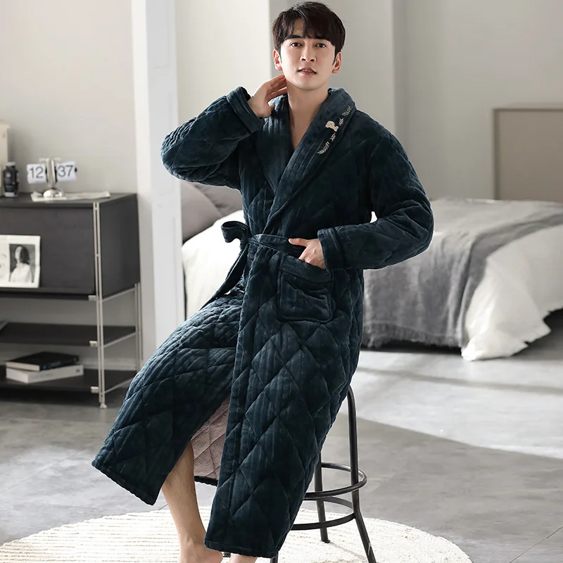 كبير الحجم M-2XL الرجال روب استحمام 3 طبقة كليب القطن البشكير الذكور روب للنوم البيجامات Hombre