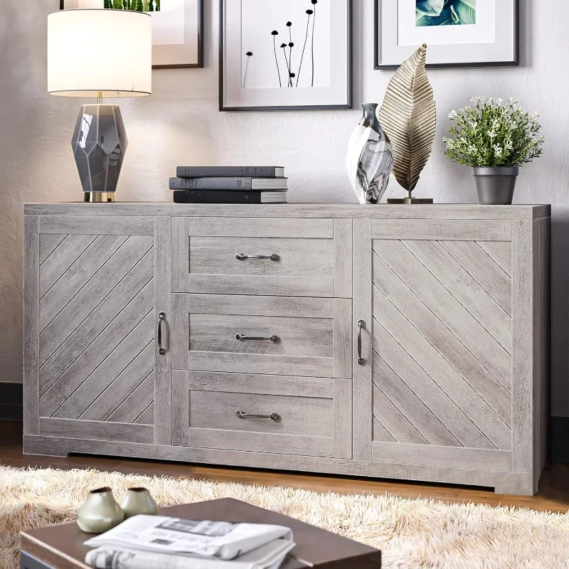 Sideboard, Console Table Or Buffet with Three Drawers & Four Shelves, Space Saving Media Storage Cabinet, Holds Up