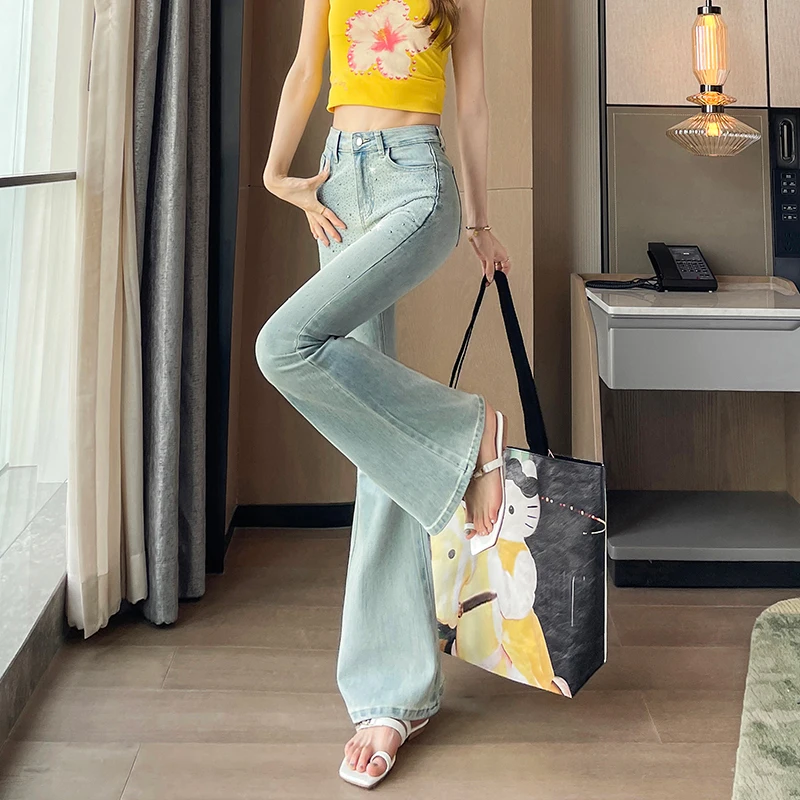 Women's New Heavy Hotfix Rhinestone Jeans, High Waist Slim Fit Starry Sparkling Rhinestone Micro Flare Denim Pants