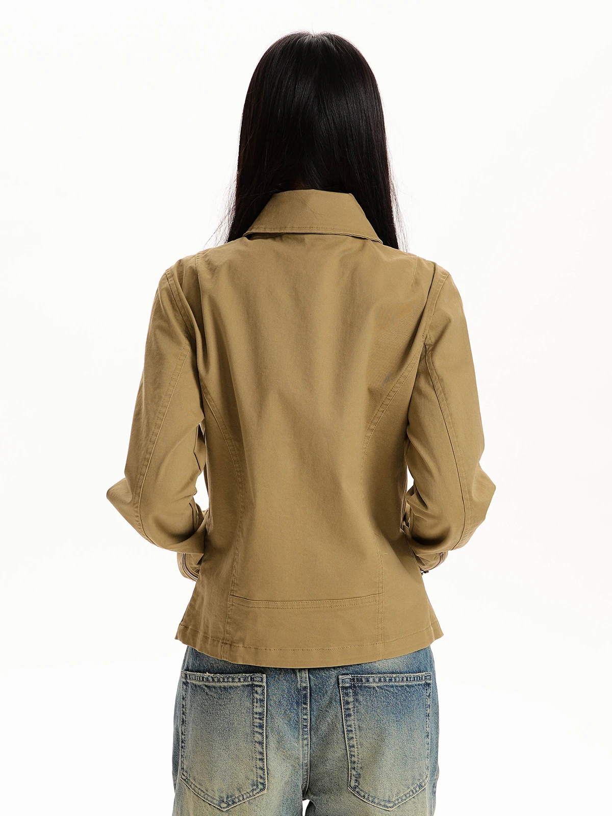 Jaqueta Feminina Aket Retrô Estilo Workwear Cleanfit Americana Neutra para Motocicleta com Zíper e Manga Longa