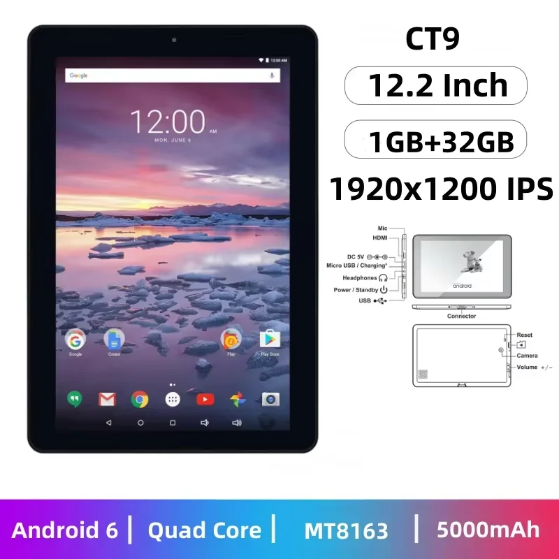 

12.2" 1GB RAM 32GB ROM Android 6.0 Tablet PC 1920x1200 IPS MT8163 Quad Core Dual Camera 5000mAh Battery Mini HD-MI ﻿