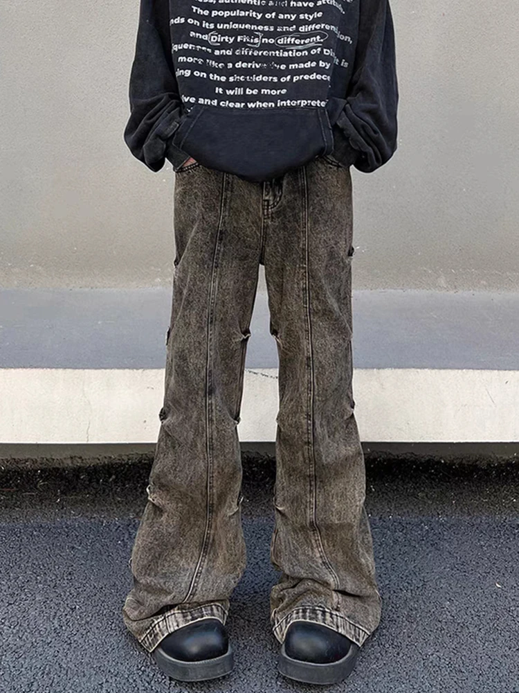REDDACHIC جينز عتيق مغسول Pintuck مضيئة للرجال يفعل قديمًا منخفض الارتفاع Pintuck Ruched واسع من قيعان جرس من قماش الدنيم Y2k Harajuku ملابس الشارع