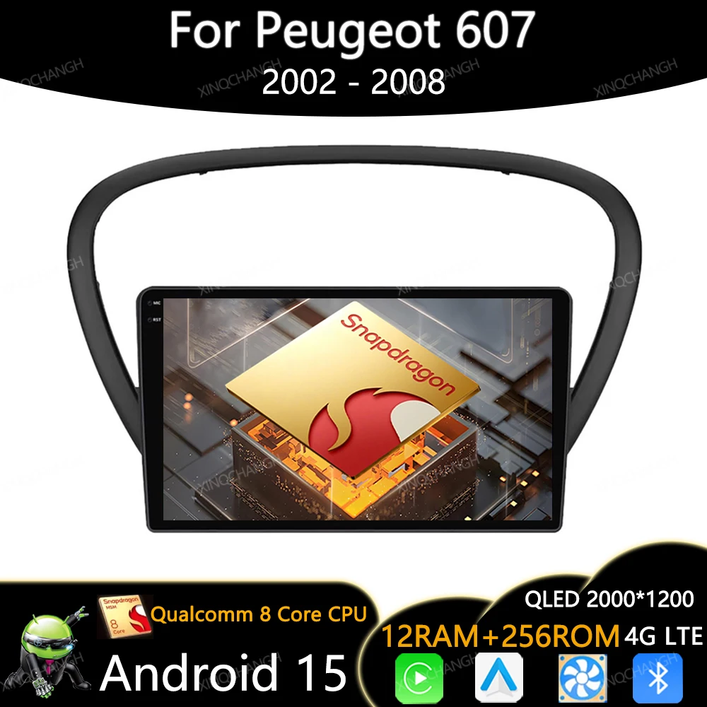 Rádio do carro de android 15 para peugeot 607 2002 - 2008 bt 4g lte 5g wifi 2din carplay auto qualcomm multimídia estéreo player de vídeo gps
