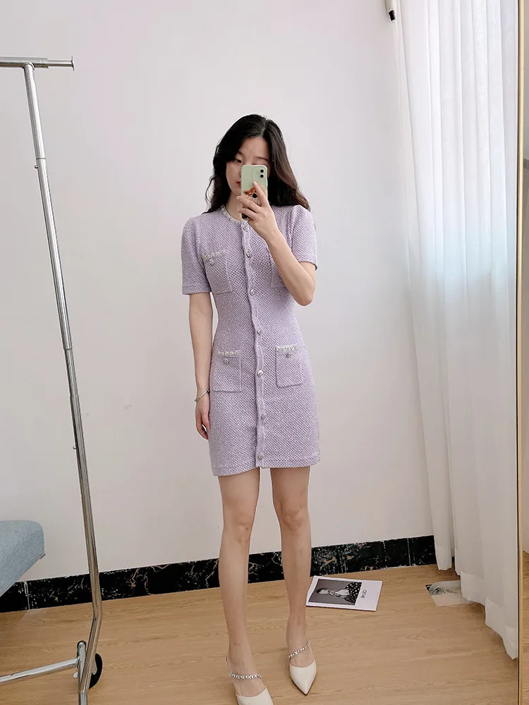Luxury Crystal Knitted Dresses Women\'s 2026 Summer Holiday Single Breasted Pearl Sequins Flower Pencil Evening Party Vestidos