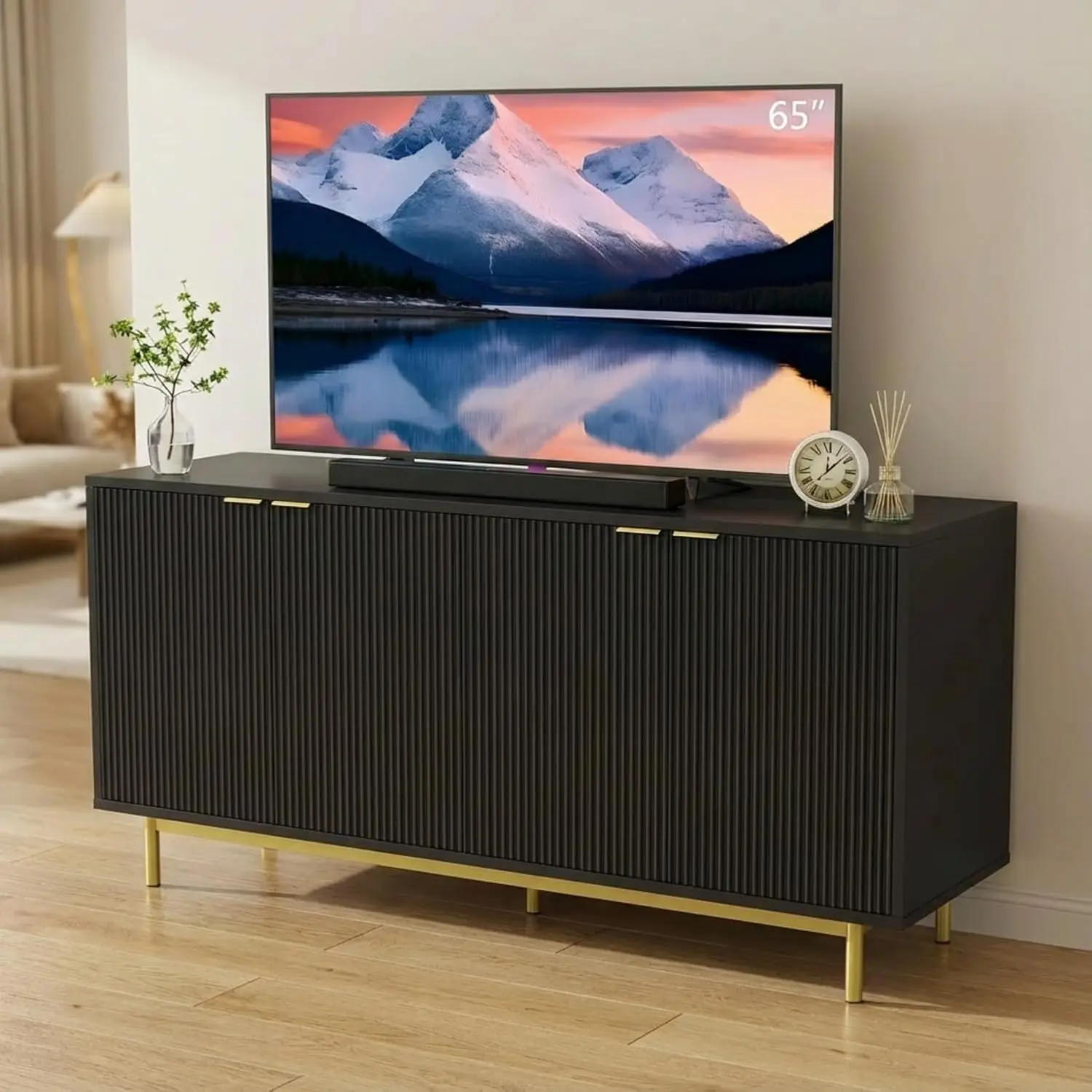 58 Inch Black TV Stand for 65 Inch TV Modern Fluted Console with 4 Doors Large Entertainment Center Storage Sideboard for Dining