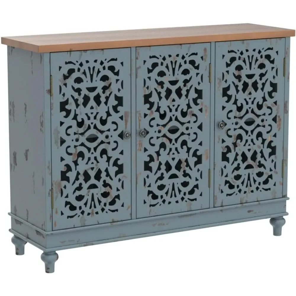 Sideboard and Buffet with Storage 3-Door Hollow-Carved Accent Cabinet Distressed Wood Storage Cabinet Cupboard for Dining Room