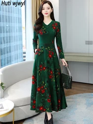 2024 Winter Plus Velvet Thick Warm Long Dress Women Luxury Bodycon Elegant Party Dress Green Vintage Print Casual Night Vestidos