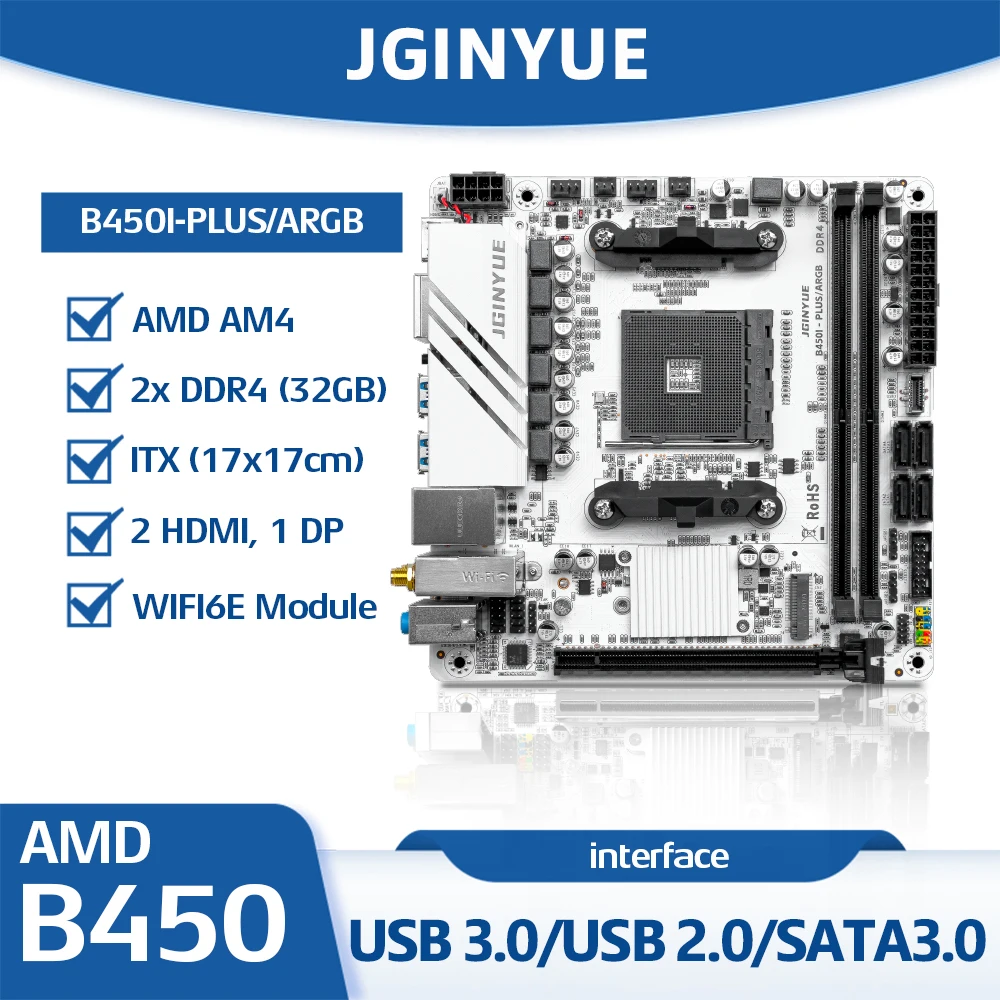 

JGINYUE B450I-PLUS/ARGB Motherboard AMD AM4 1000/2000/3000/4000/5000 Series, 2xDDR4 32GB