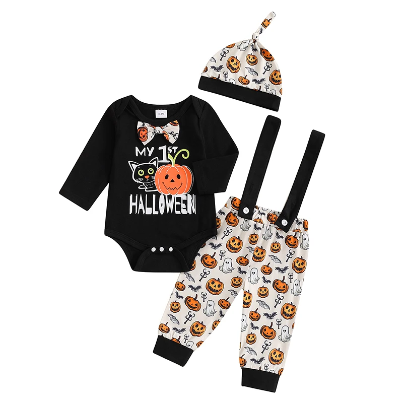 

Baby Boys Halloween Outfits Pumpkin Letter Print Crew Neck Long Sleeve Rompers Suspender Pants Hat 3Pcs Clothes Set