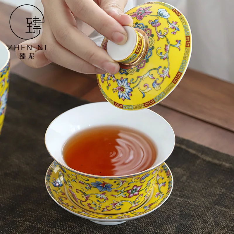 Jingdezhen Enamel Color Sancai Gaiwan Tea Cup Large Non-Scald Brewing Bowl Household Chinese Ceramic Single with Lid