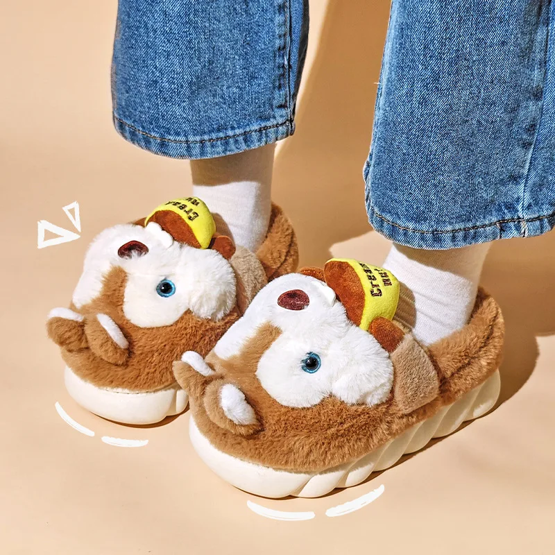 Squirrel Women Cotton Slippers Winter Warm Shoes Lining Plush Indoor Couple Slides Platform High Top Snow Boot Kids Home Slipper