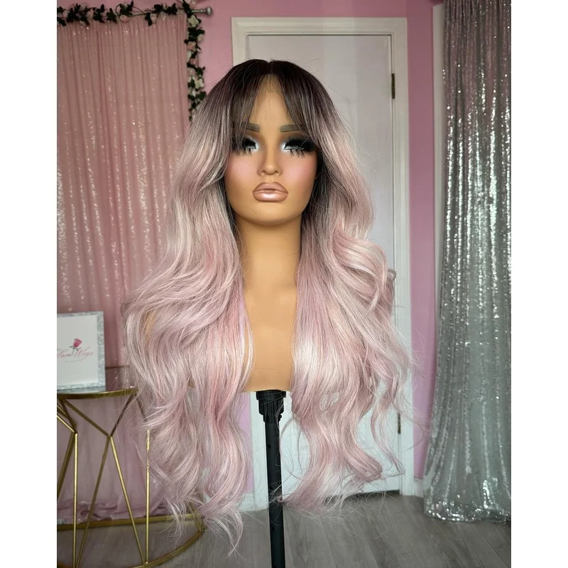 Ombre Light Pink Wavy Wigs with Bangs Lace Front Wigs 100% Human Hair Wigs