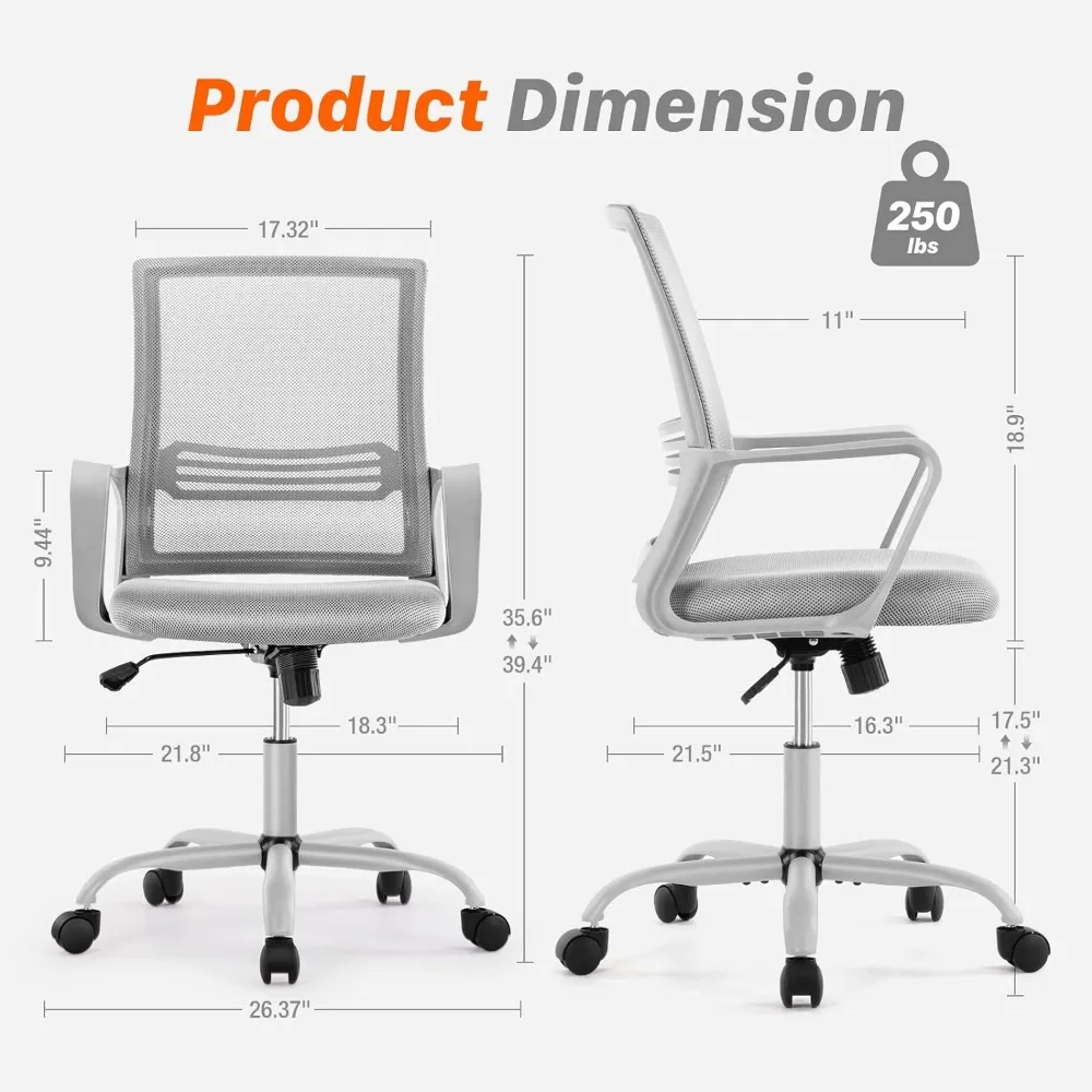 Ergonomische Bureaustoelen In Het Midden Van De Rug Thuis, In Hoogte Verstelbaar, Ademend Gaas, Grijs