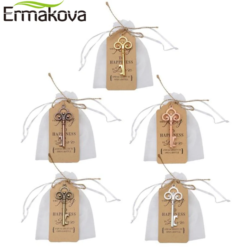 50Pcs/Set Skeleton Key Bottle Opener With Tag Card Twine Yarn Bag Suitable For Wedding Gift, Baby Shower, Party Gifts