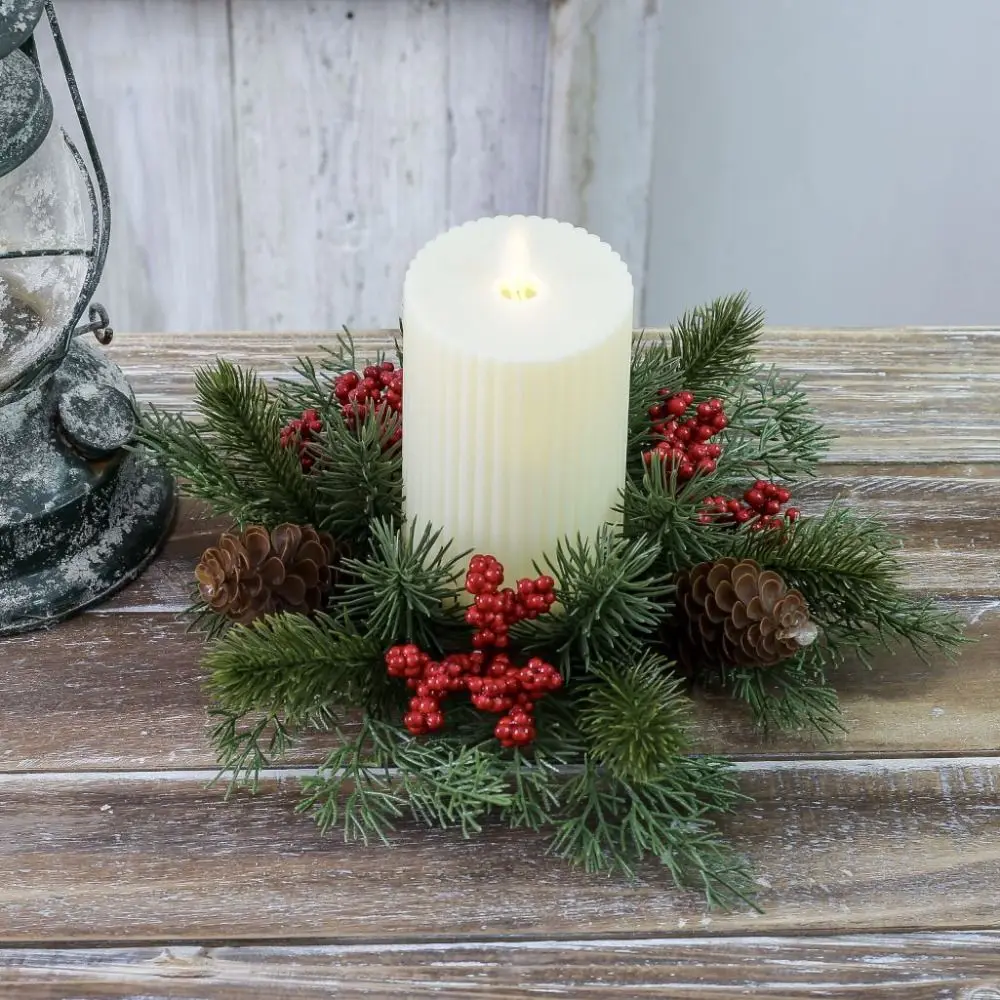 Artificial Flower Candle Wreath 25CM Red Fruit Candle Rings Pine Needle Romantic Candlestick Wreath Christmas Decor