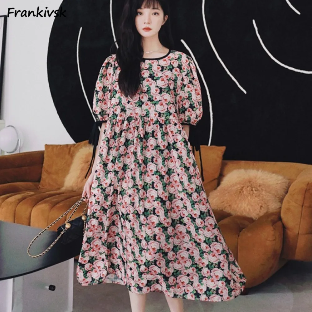 Women Dresses A-line Floral Printing Loose Tender Vitality Summer Vacation College Temperament Chill Soft Girlish Thin Ulzzang